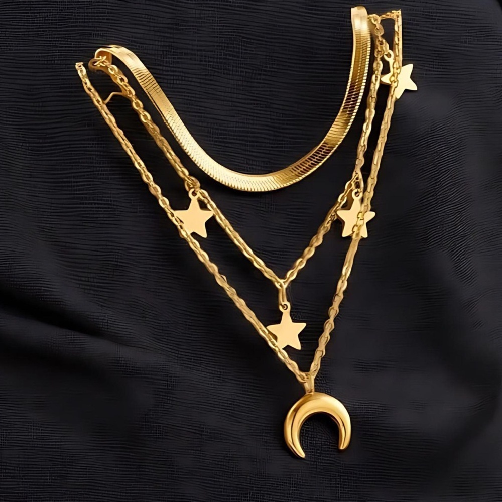 18K Gold Moon & Stars Celestial Bohemian Vintage Style Layered Necklace No Fade - Picture 3 of 14
